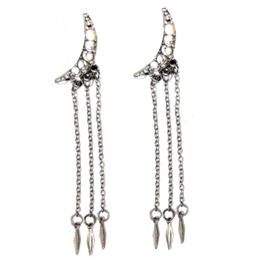New - White Jasper and Silver Moon Drop Post Dangle Chain Earrings